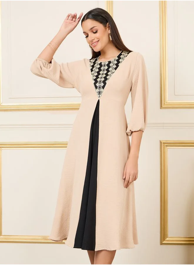 Styli Embroidered Colorblock A-Line Midi Dress