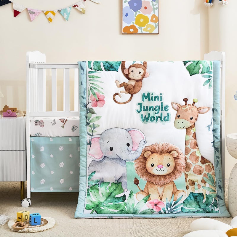 NacoMoco 3-Piece Crib Bedding Set for Boys Girls - Ultra Soft & Skin Friendly Baby Bedding Set Includes Crib Comforter, Sheet & Crib Skirt (Safari) - Image 1