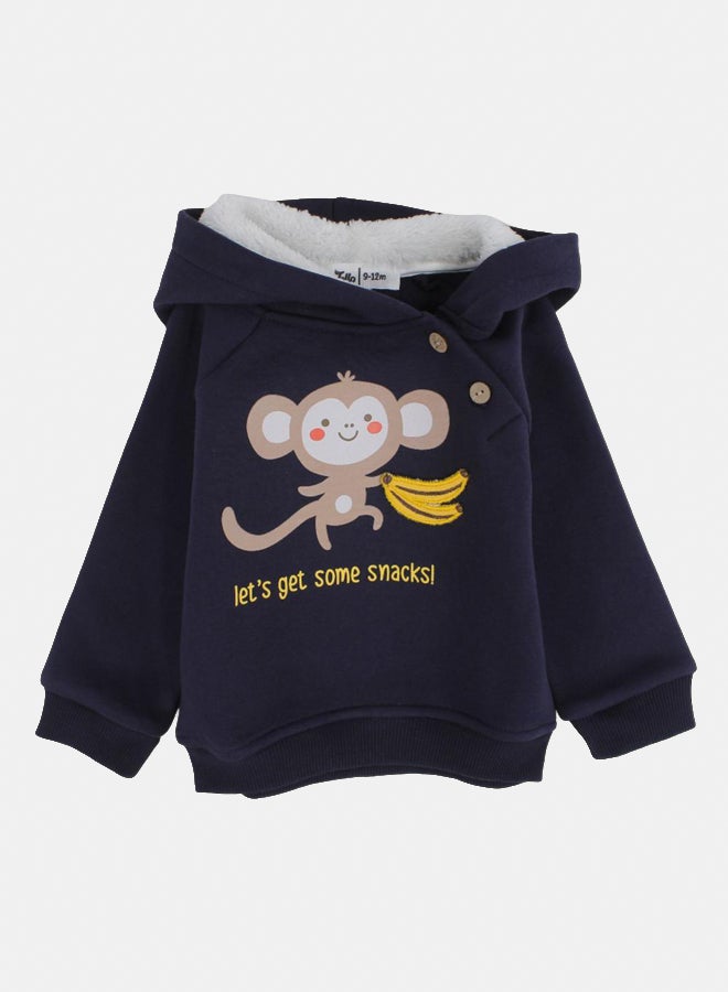 هودي قطن للأولاد – كحلي بطباعة قرد وموز - Image 1