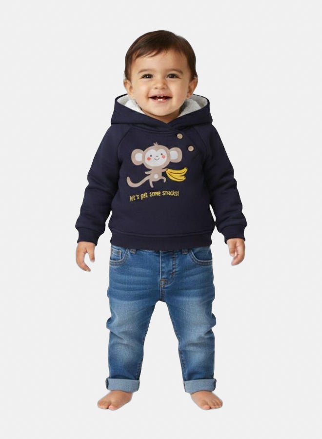 هودي قطن للأولاد – كحلي بطباعة قرد وموز - Image 2