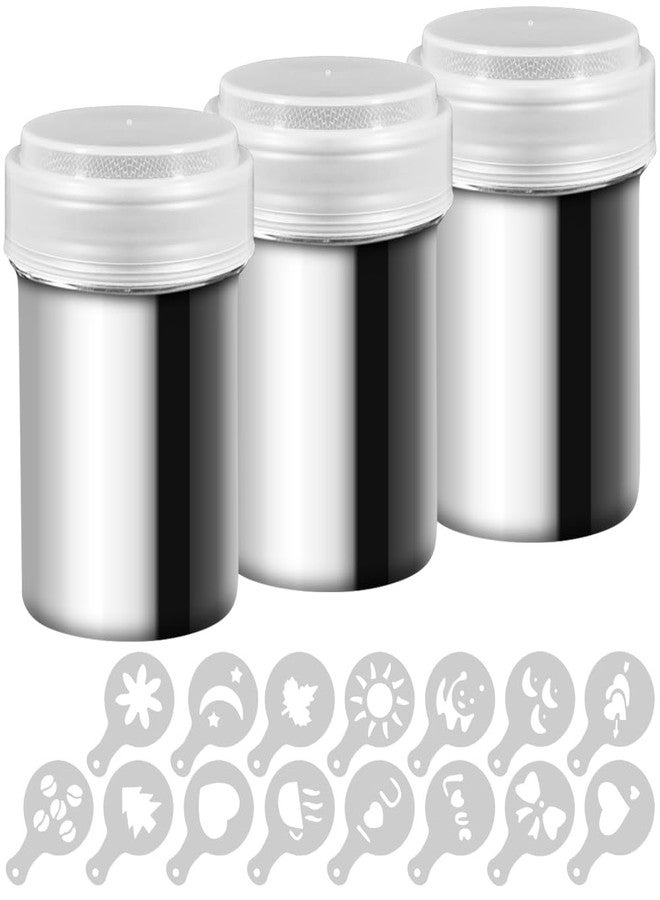 AIFUDA 3 Pack Stainless Steel Powder Shaker, Suger Shakers Coffee Cocoa Dredges with Fine-Mesh Lid, AIFUDA Power Can For Cooking Home Restaurant with 16 Pcs Printing Molds Stencils - Image 1