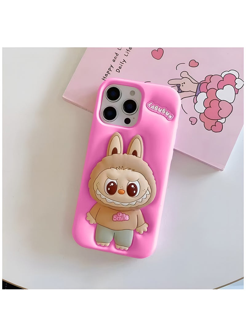 Wtech Apple iPhone 16 Pro Max 5G 2024 3D Labubu Cartoon Pop Case, Premium Soft Liquid Jelly Silicone Case with Phone Holder Cool Full Protective Cute Aesthetic Case Cover - Hot Pink - Image 2