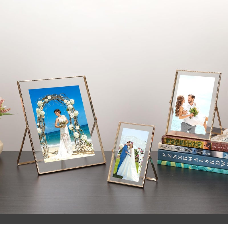 GorYeeFine Gold 8x10'' Floating Frame Set of 2  For Photo Sizes ( 5x7''  6x8'' 7x9'' up to 8x10'')  Beautiful Metal Lace Edge Frames Adjustable Tabletop/Shelf Photo Frame  Classy Gift Choice for Wedding - Image 4