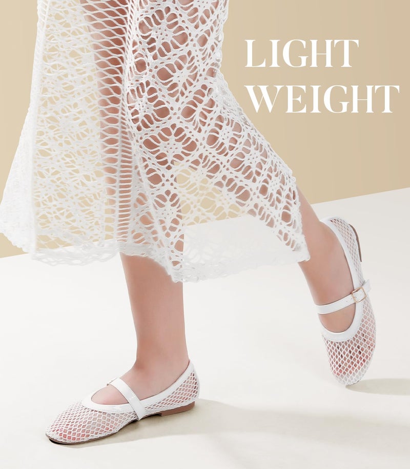 Ankis Mesh Ballet Flats for Women, White Mesh Flats Buckle Strap Mary Jane Ballerina Flats Women's Fishnet Flat Sandals Shoes for Dressy Summer - Image 4