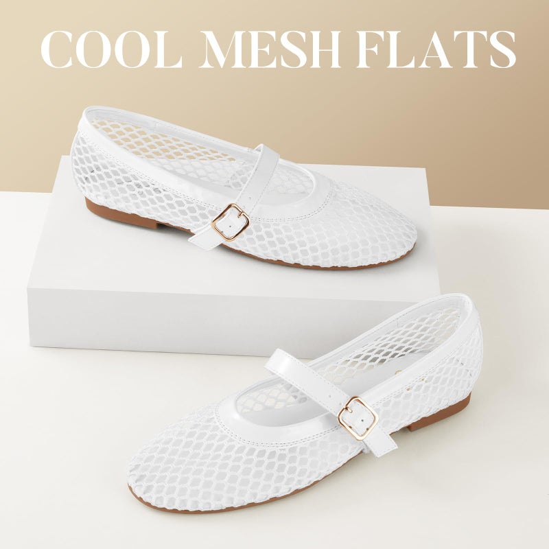 Ankis Mesh Ballet Flats for Women, White Mesh Flats Buckle Strap Mary Jane Ballerina Flats Women's Fishnet Flat Sandals Shoes for Dressy Summer - Image 3