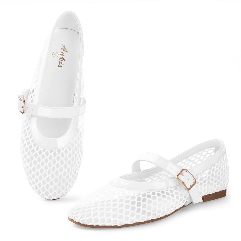 Ankis Mesh Ballet Flats for Women, White Mesh Flats Buckle Strap Mary Jane Ballerina Flats Women's Fishnet Flat Sandals Shoes for Dressy Summer - Image 1