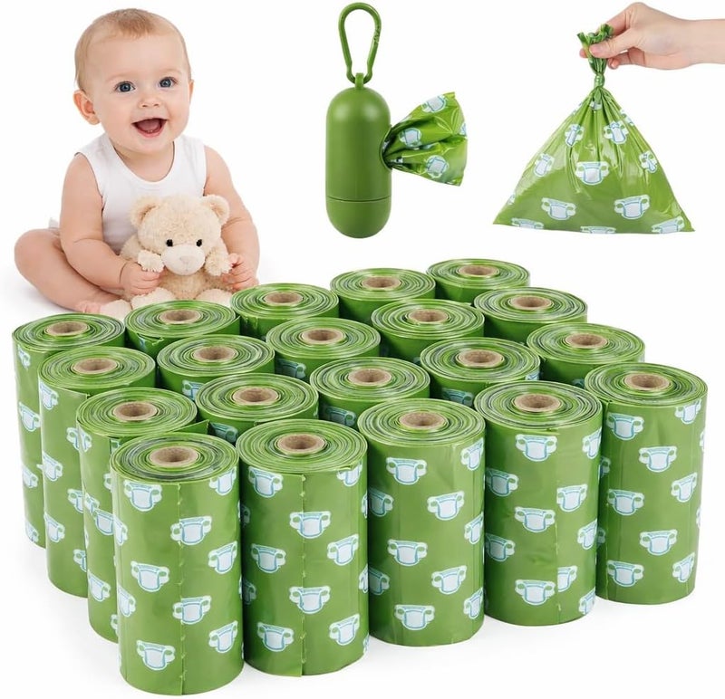 UREVO Biodegradable Disposable Baby Diaper Bags with Trash Bag Dispenser, Green, 300 Count - Image 1