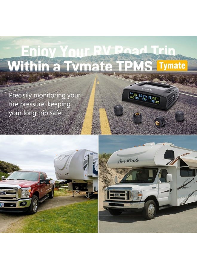 Tymate TM2 RV Tire Pressure Monitoring System, Tire Pressure Monitor with Solar Charge, TPMS with 4 Sensors(Max. 10) & 6 Alarm Modes, New Updated w/Color LCD Display, 0-87PSI for RV/Trailer/Truck/SUV - Image 2