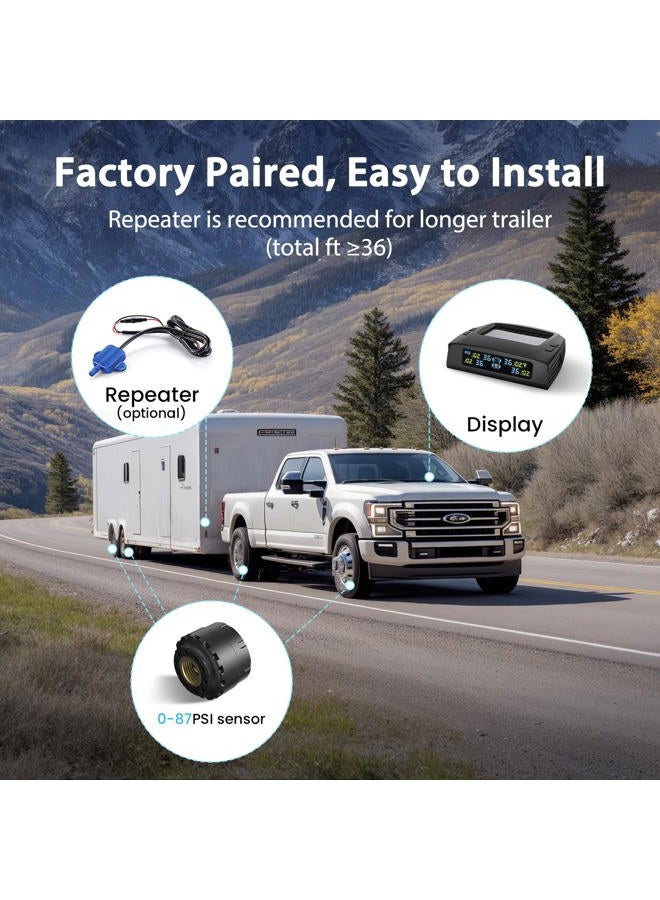 Tymate TM2 RV Tire Pressure Monitoring System, Tire Pressure Monitor with Solar Charge, TPMS with 4 Sensors(Max. 10) & 6 Alarm Modes, New Updated w/Color LCD Display, 0-87PSI for RV/Trailer/Truck/SUV - Image 5