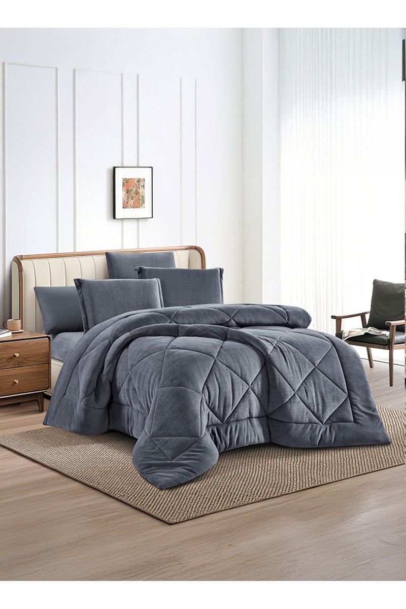Melen Double Winter Bedding Set - Velvet Faux Fur - 6 Pieces - Fits 200x200 Bed - Joanna - Dark Grey - Image 1