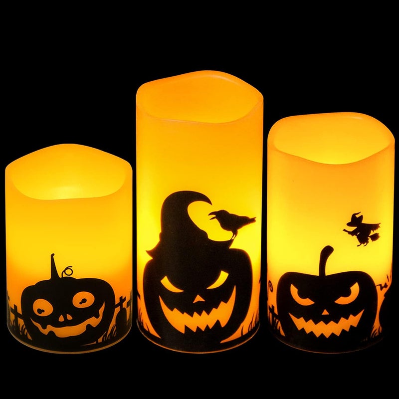 Eldnacele Halloween Flameless Candles, LED Flickering Battery Pillar Candles with 6H Timer and Pumpkin Decals, Spooky Fall Halloween Festival Party Decoration Set of 3 (D 3” x H 4” 5” 6”) - Image 1
