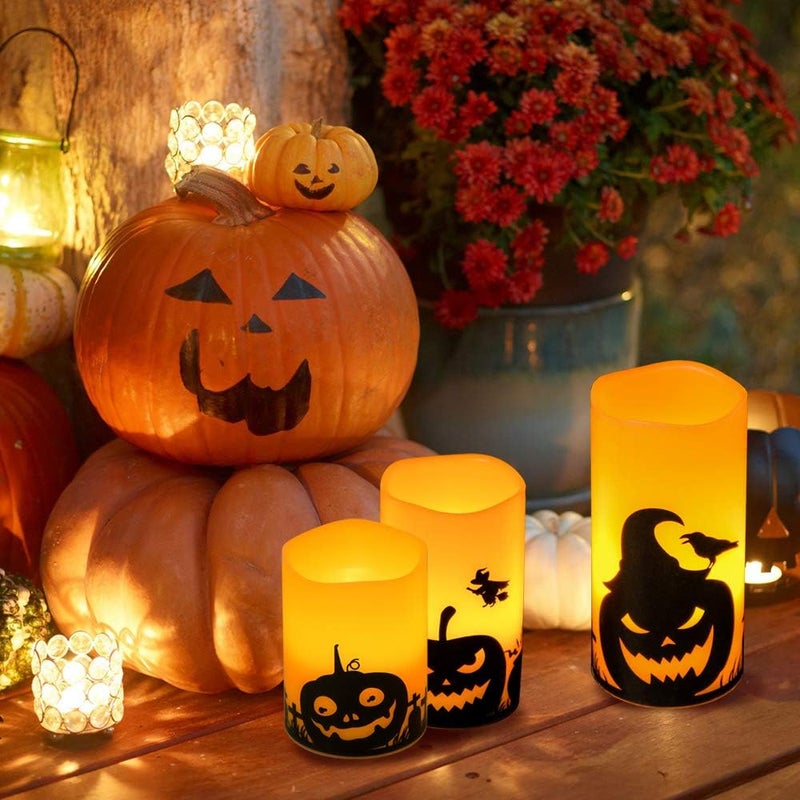 Eldnacele Halloween Flameless Candles, LED Flickering Battery Pillar Candles with 6H Timer and Pumpkin Decals, Spooky Fall Halloween Festival Party Decoration Set of 3 (D 3” x H 4” 5” 6”) - Image 5