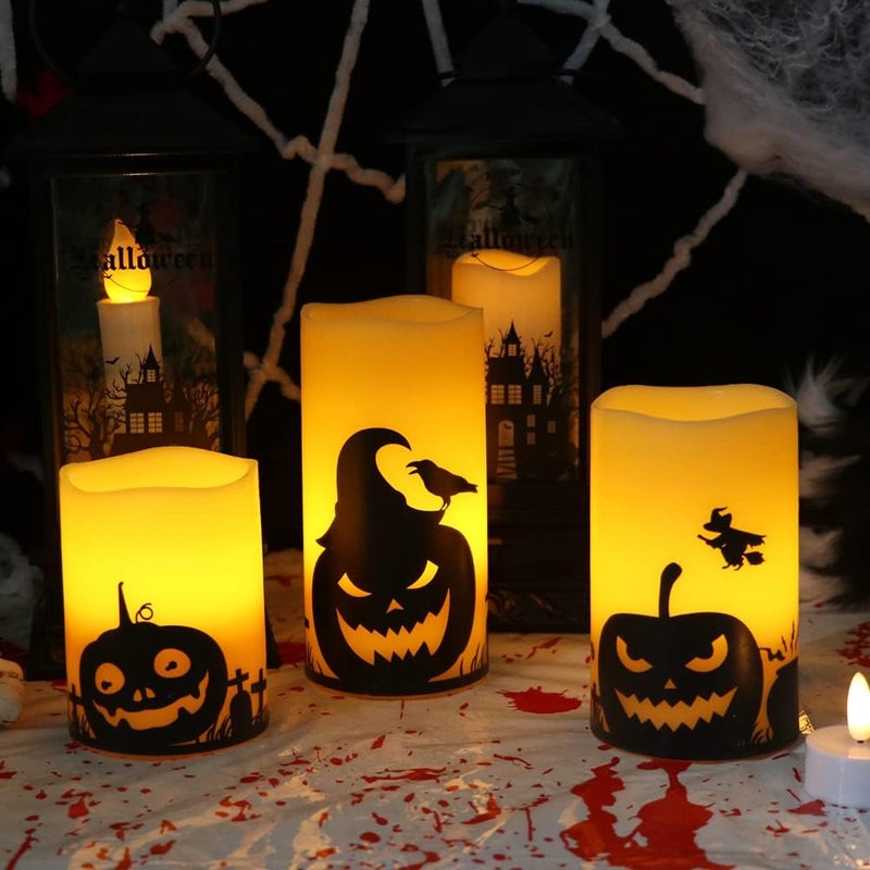 Eldnacele Halloween Flameless Candles, LED Flickering Battery Pillar Candles with 6H Timer and Pumpkin Decals, Spooky Fall Halloween Festival Party Decoration Set of 3 (D 3” x H 4” 5” 6”) - Image 4