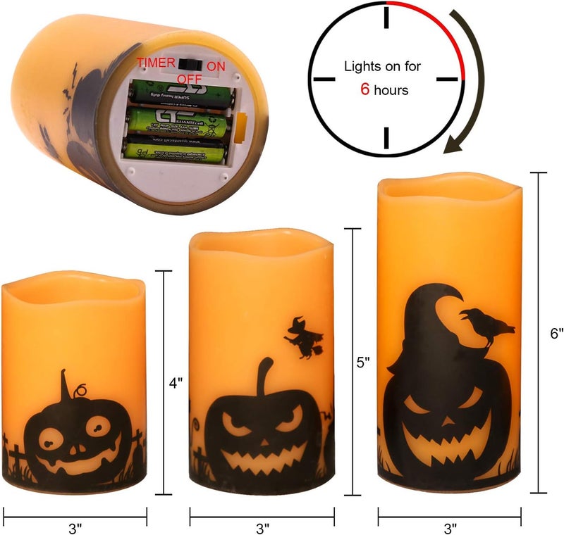 Eldnacele Halloween Flameless Candles, LED Flickering Battery Pillar Candles with 6H Timer and Pumpkin Decals, Spooky Fall Halloween Festival Party Decoration Set of 3 (D 3” x H 4” 5” 6”) - Image 2