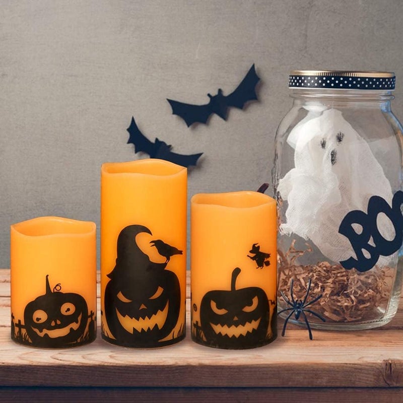 Eldnacele Halloween Flameless Candles, LED Flickering Battery Pillar Candles with 6H Timer and Pumpkin Decals, Spooky Fall Halloween Festival Party Decoration Set of 3 (D 3” x H 4” 5” 6”) - Image 3