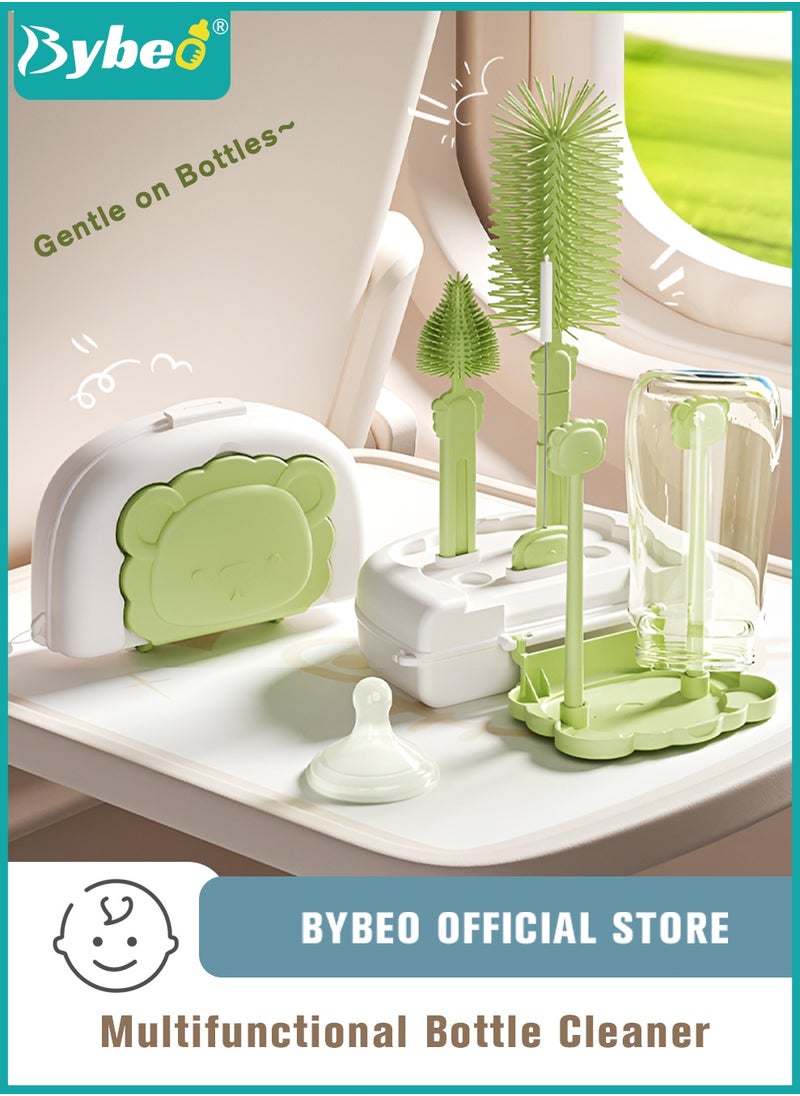 Bybeo 6 in 1 Baby Bottle Cleaning Brush Set, Travel Baby Bottle Brush Cleaner Set with Silicone Bottle Brush x Nipple Brush x Dispenser Bottle x Straw Brush x Drying Rack x Storage Box  - Image 1