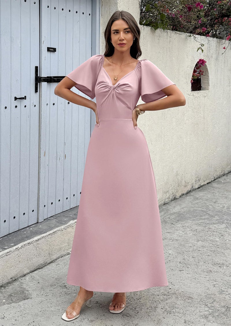 ECOWISH Womens Summer Maxi Dresses: 2026 Casual Flutter Short Sleeve Twist Front Long Flowy Wedding Guest Dress with Pockets 482Pink M - Image 2