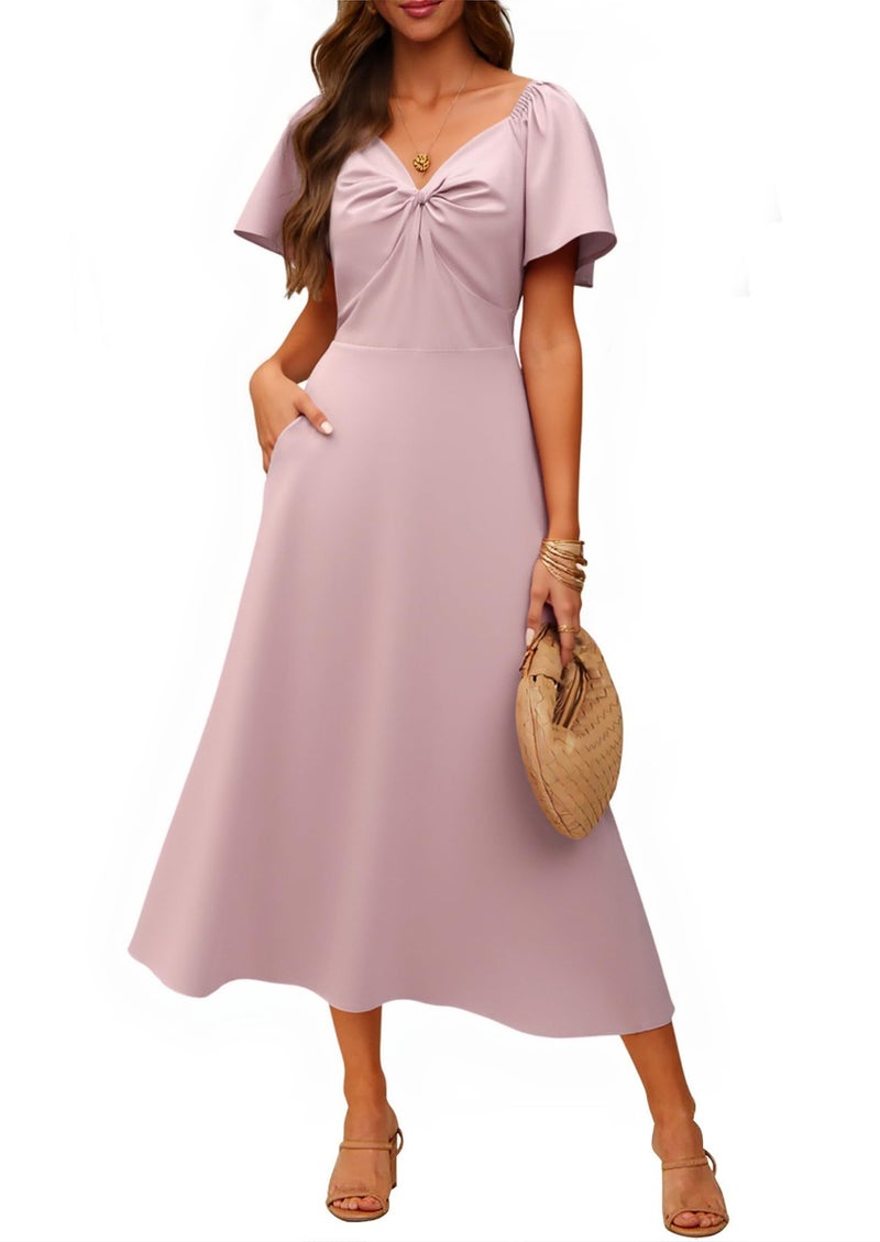 ECOWISH Womens Summer Maxi Dresses: 2026 Casual Flutter Short Sleeve Twist Front Long Flowy Wedding Guest Dress with Pockets 482Pink M - Image 1