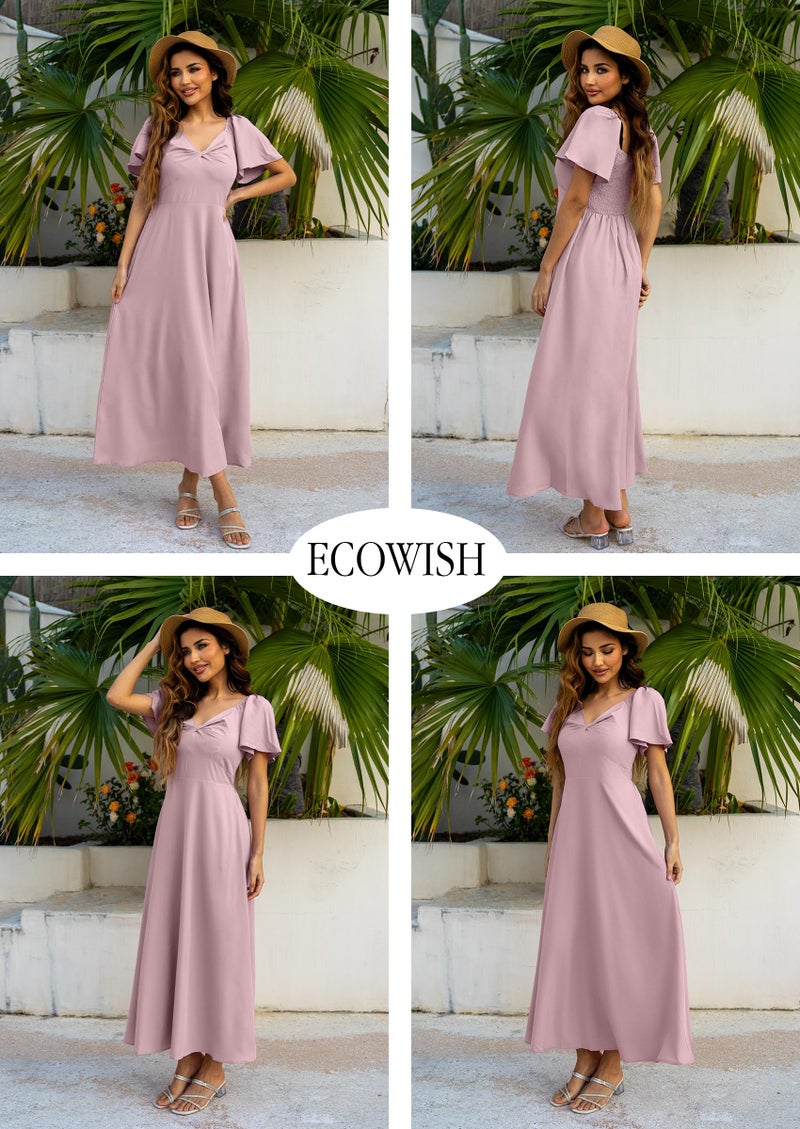 ECOWISH Womens Summer Maxi Dresses: 2026 Casual Flutter Short Sleeve Twist Front Long Flowy Wedding Guest Dress with Pockets 482Pink M - Image 5