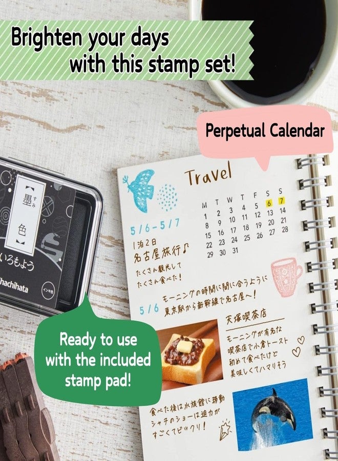 Someie Perpetual Calendar Rubber Stamp｜Consolidated Numbers Stamp English GRJ-5ACE，Stamp Pad IROMOYO Traditional Japanese Ink Colour Black (Sumi-IRO) HAC-1-K & Sticky Notes Set - Image 2
