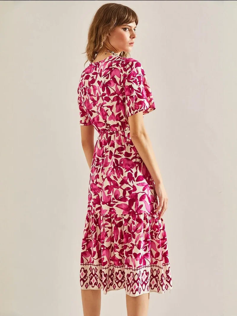 Bianco Lucci Bright Pink LUCCI Flowering V-neck Midi Dress with Ruffle Detail for Women | Best Price UAE