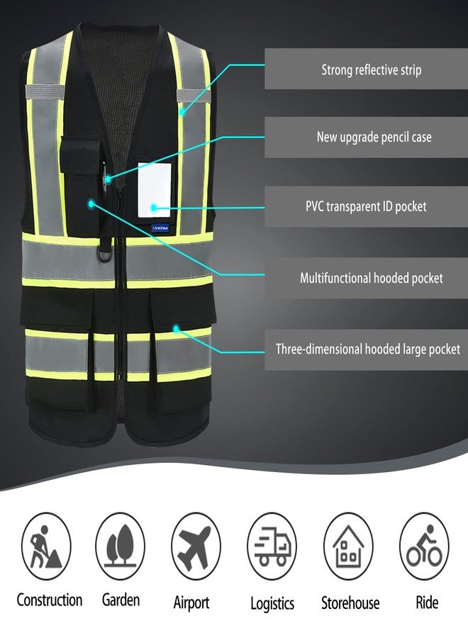 AYKRM Security Vest for Men Women 7 Pockets High Visibility Reflective Safety Vest Front Zipper Meets ANSI/ISEA, Black-fire Rescue, L - Image 5