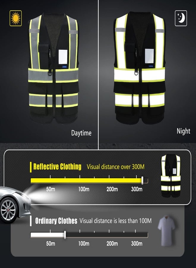 AYKRM Security Vest for Men Women 7 Pockets High Visibility Reflective Safety Vest Front Zipper Meets ANSI/ISEA, Black-fire Rescue, L - Image 4