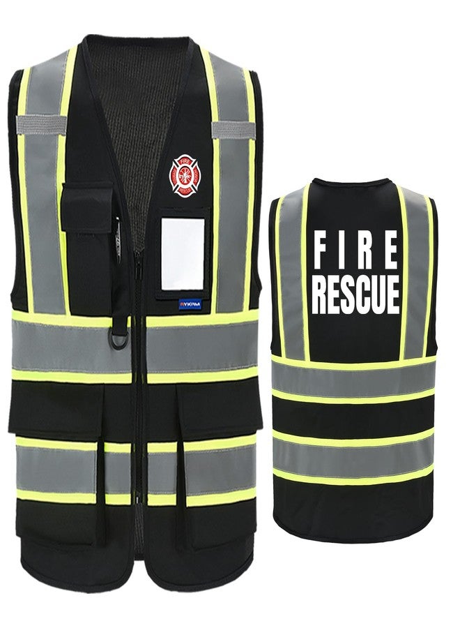 AYKRM Security Vest for Men Women 7 Pockets High Visibility Reflective Safety Vest Front Zipper Meets ANSI/ISEA, Black-fire Rescue, L - Image 1