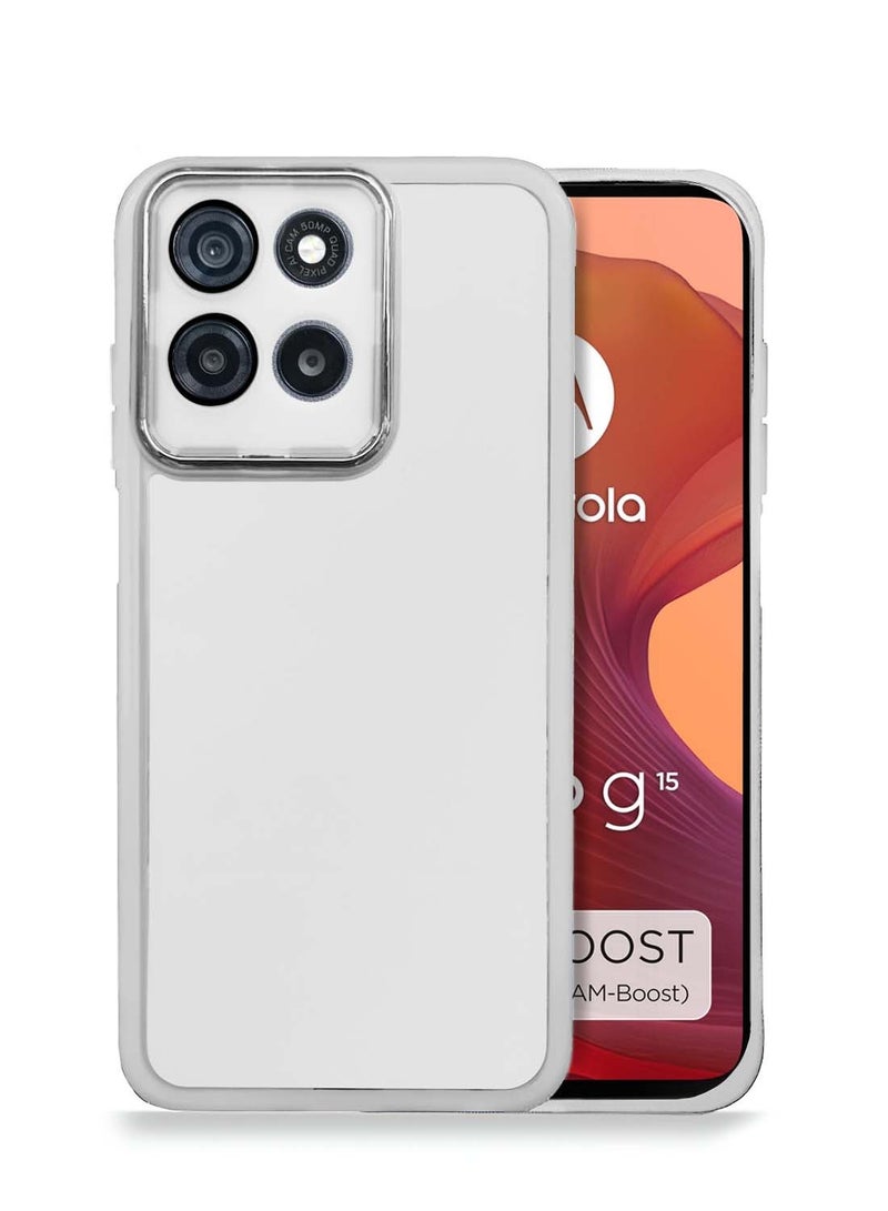 Wtech Motorola Moto G15 4G 2025 Soft Transparent TPU Silicone Ultra Thin Phone Stylish Electroplated Camera Border Back Case Cover - White