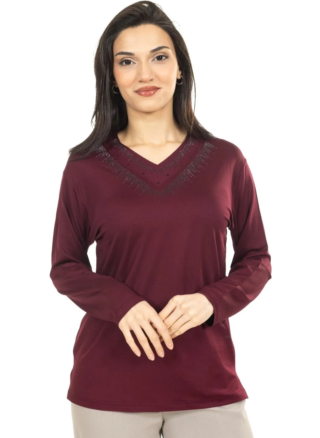Mutlu City Women Middle Age and Above New Model V Neck Plain Model Mother Cotton Blouse 30565