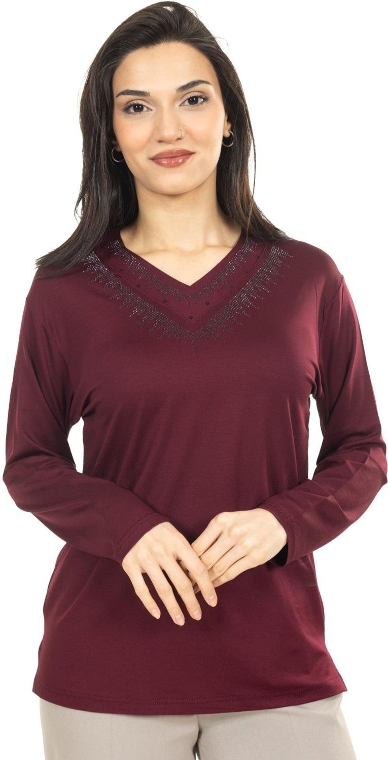 Mutlu City Women Middle Age and Above New Model V Neck Plain Model Mother Cotton Blouse 30565  - Image 1