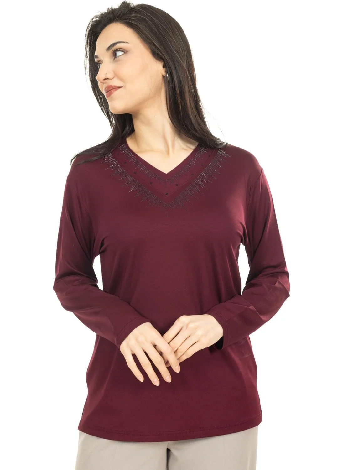 Mutlu City Women Middle Age and Above New Model V Neck Plain Model Mother Cotton Blouse 30565