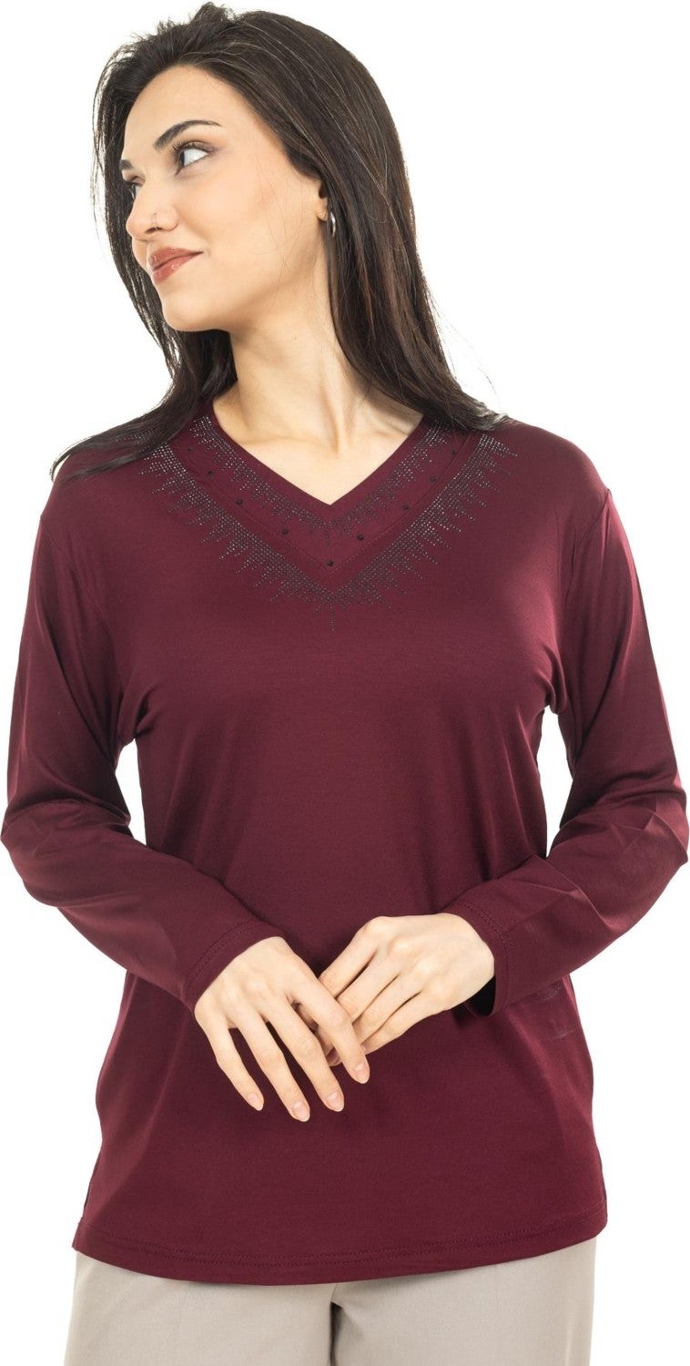 Mutlu City Women Middle Age and Above New Model V Neck Plain Model Mother Cotton Blouse 30565  - Image 2