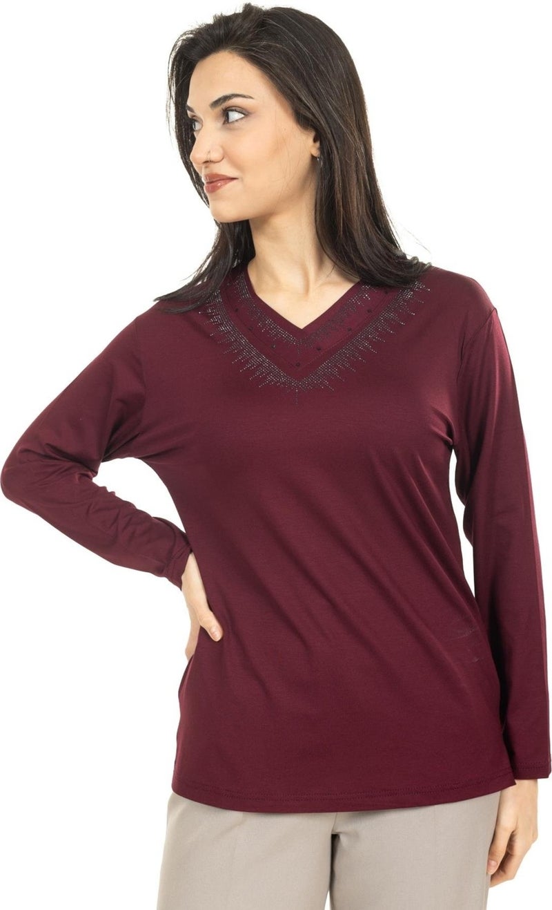 Mutlu City Women Middle Age and Above New Model V Neck Plain Model Mother Cotton Blouse 30565  - Image 3