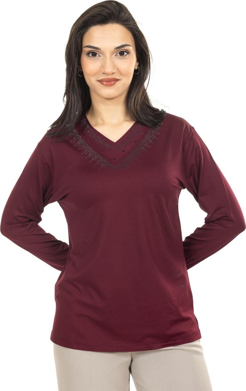 Mutlu City Women Middle Age and Above New Model V Neck Plain Model Mother Cotton Blouse 30565  - Image 4