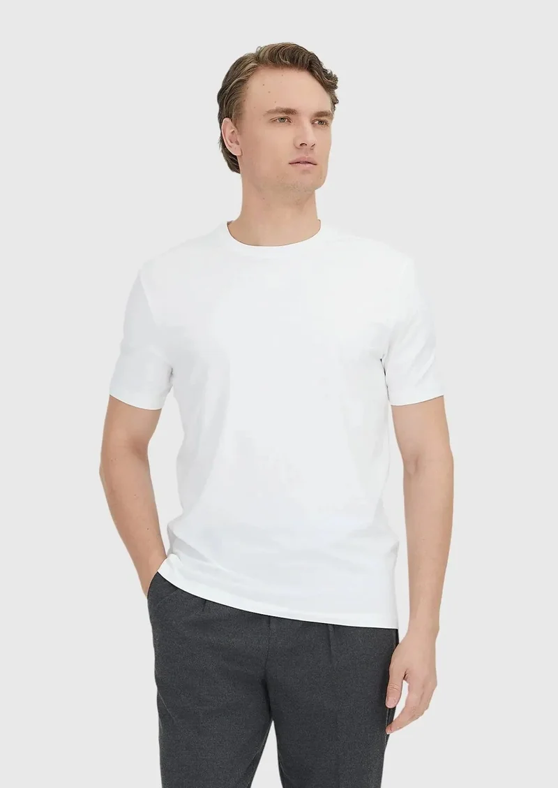 RAMSEY White Plain Crew Neck Cotton Blended T-Shirt