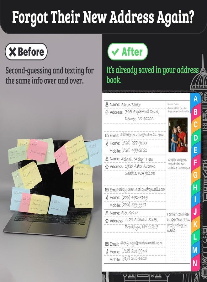 hi!SCI Address Book with Colorful Alphabetical Tabs (4.7" X 6.2") - Telephone Address Contact Book for Seniors, Address Book with Space for Website Address and Internet Passwords (Black) - Image 3