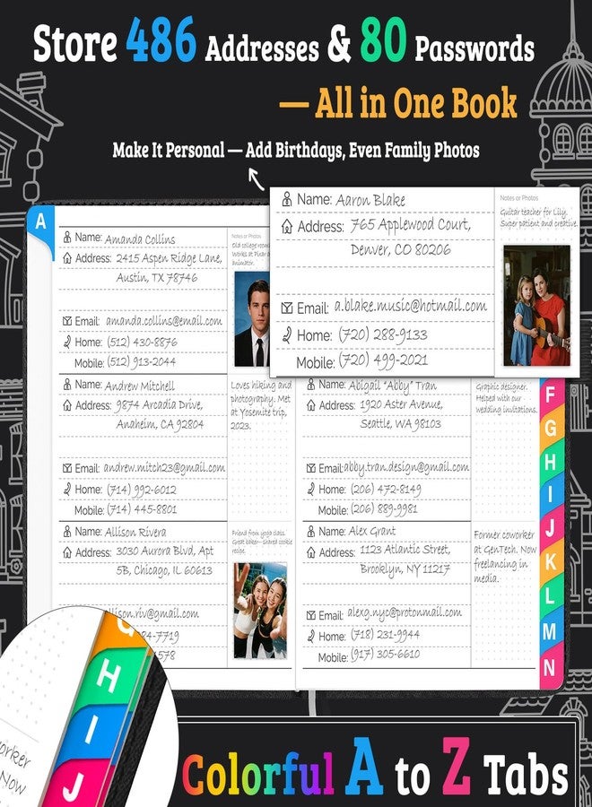hi!SCI Address Book with Colorful Alphabetical Tabs (4.7" X 6.2") - Telephone Address Contact Book for Seniors, Address Book with Space for Website Address and Internet Passwords (Black) - Image 2