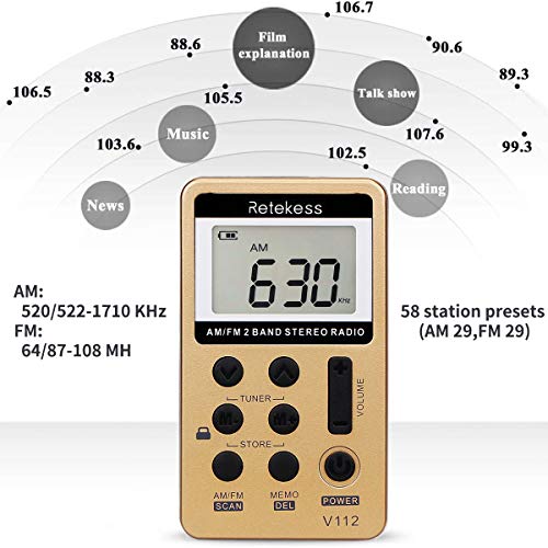 Retekess V112 AM FM Radio Portable, Mini Radio with Earphone Pocket, Digital Tuning Rechargeable Battery LCD Display for Walking Jogging(Gold) - Image 3