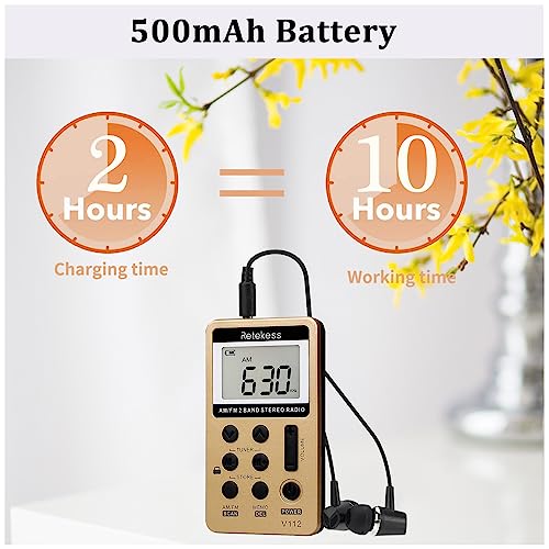 Retekess V112 AM FM Radio Portable, Mini Radio with Earphone Pocket, Digital Tuning Rechargeable Battery LCD Display for Walking Jogging(Gold) - Image 5
