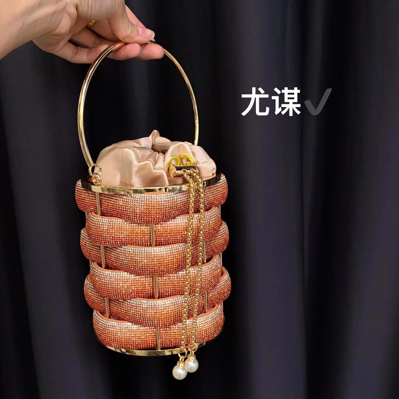 Fashion Metal Handmade Woven Shiny Water Diamond Rope Vegetable Basket Birdcage Banquet Bucket Hand Crossbody Small Bag - Image 3