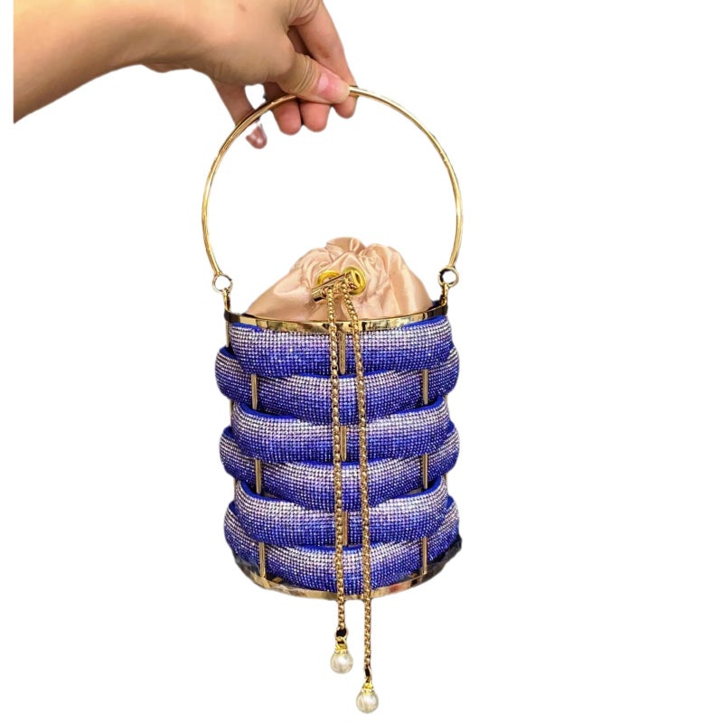 Fashion Metal Handmade Woven Shiny Water Diamond Rope Vegetable Basket Birdcage Banquet Bucket Hand Crossbody Small Bag - Image 5