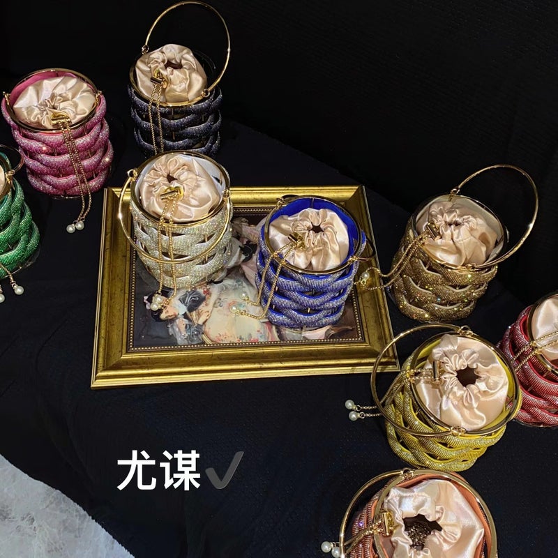 Fashion Metal Handmade Woven Shiny Water Diamond Rope Vegetable Basket Birdcage Banquet Bucket Hand Crossbody Small Bag - Image 4