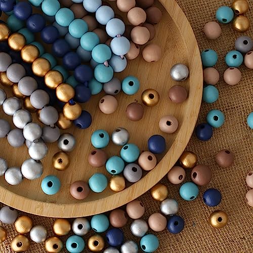HERZWILD 500Pcs Colored Wooden Beads Round Blue Wooden Beads Colorful Natural Wood Beads Gold Festival Wood Beads Farmhouse Beads for DIY Crafts Easter Party Festival Decoration(1cm) - Image 1