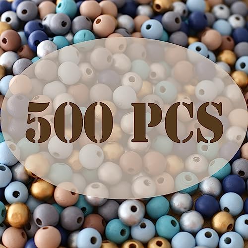 HERZWILD 500Pcs Colored Wooden Beads Round Blue Wooden Beads Colorful Natural Wood Beads Gold Festival Wood Beads Farmhouse Beads for DIY Crafts Easter Party Festival Decoration(1cm) - Image 2