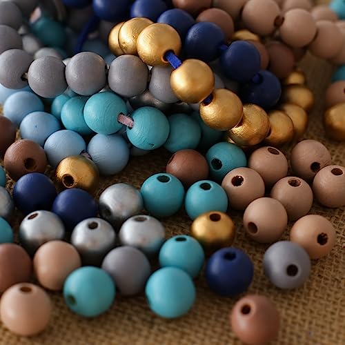 HERZWILD 500Pcs Colored Wooden Beads Round Blue Wooden Beads Colorful Natural Wood Beads Gold Festival Wood Beads Farmhouse Beads for DIY Crafts Easter Party Festival Decoration(1cm) - Image 5