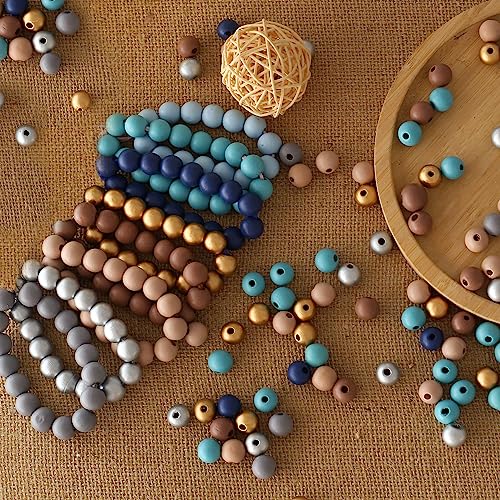 HERZWILD 500Pcs Colored Wooden Beads Round Blue Wooden Beads Colorful Natural Wood Beads Gold Festival Wood Beads Farmhouse Beads for DIY Crafts Easter Party Festival Decoration(1cm) - Image 3