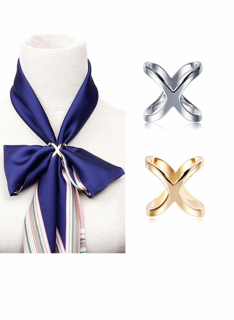 Suntown Fashion Scarf Ring Buckle Simple Modern Scarf X Shaped Clamp Clasp Clips Clothing Wrap Holder Decoration Accessories for Neckerchief Shawl (Gold+Silver) 2Pcs - Image 1