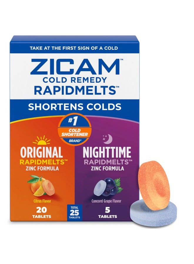 Zicam باقة زكام علاج البرد رابد ميلتس الأصلية و رابد ميلتس الليلية، علاج زنك منزلي للبالغين والأطفال 12 عامًا وأكثر، بنكهتي الحمضيات والعنب الكونكورد، 25 حبة - Image 1