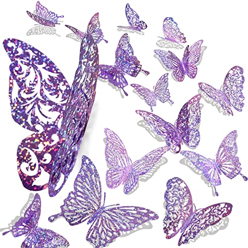 DELEMI 60 Pcs 3D Sequined Purple Butterfly Wall Decor Stickers, 5 Styles 3 Sizes, Holographic Butterfly Decor for Dorm Room & Wedding Party Birthday Decor - Image 1